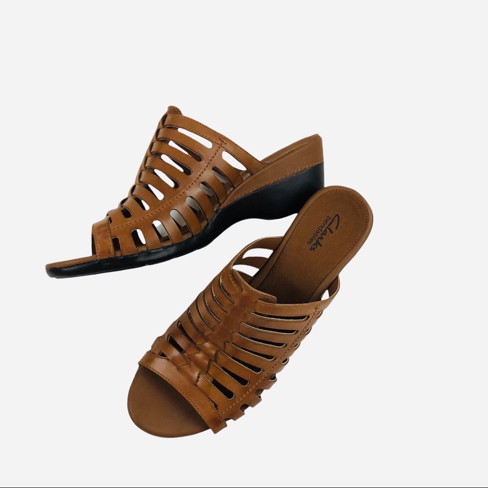 Clark’s Bendables Comfort Slide Leather Cage Wedge Brown Sandals Sz 10